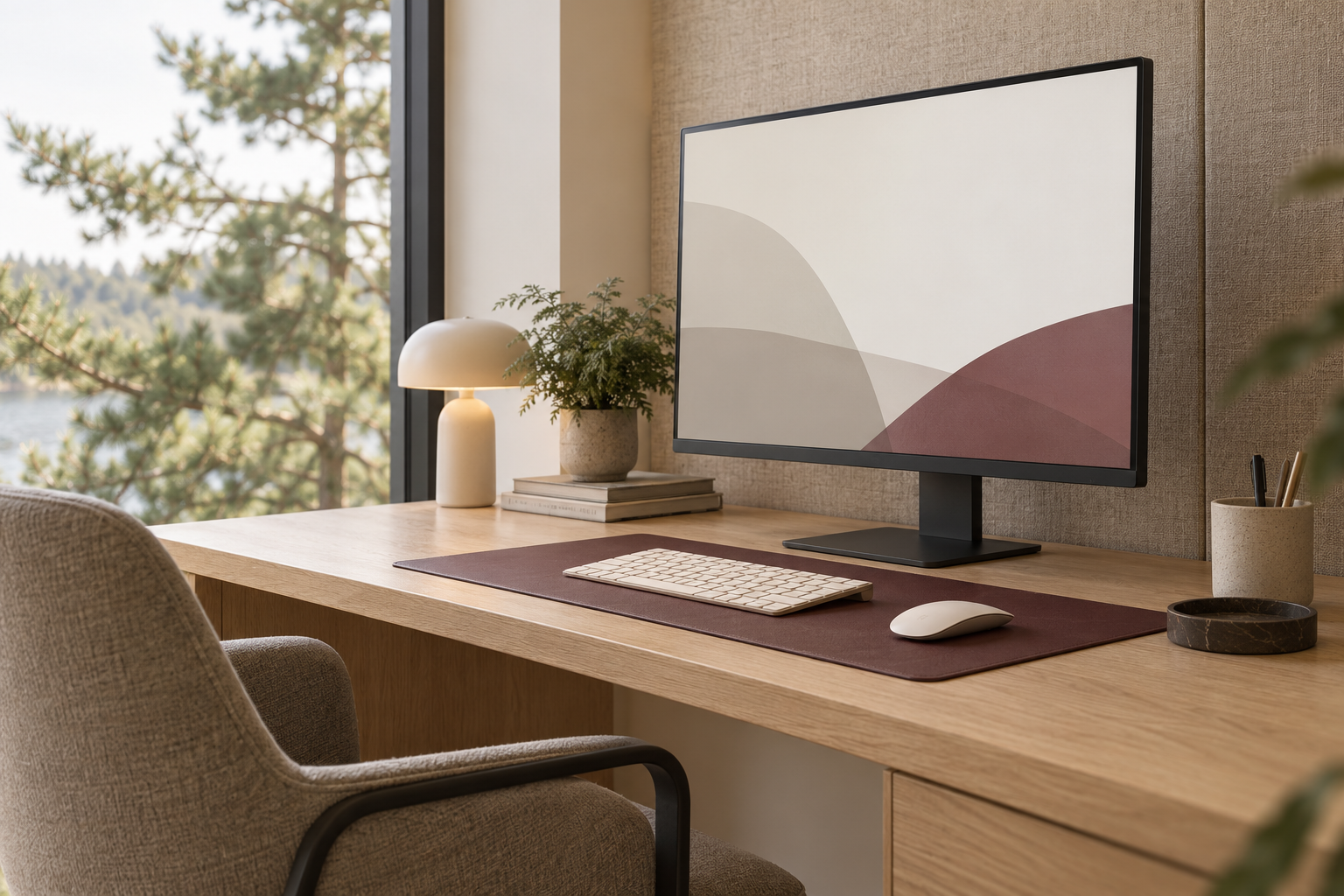 Symbolmotiv eines hellen digitalen Arbeitsplatzes mit Naturblick