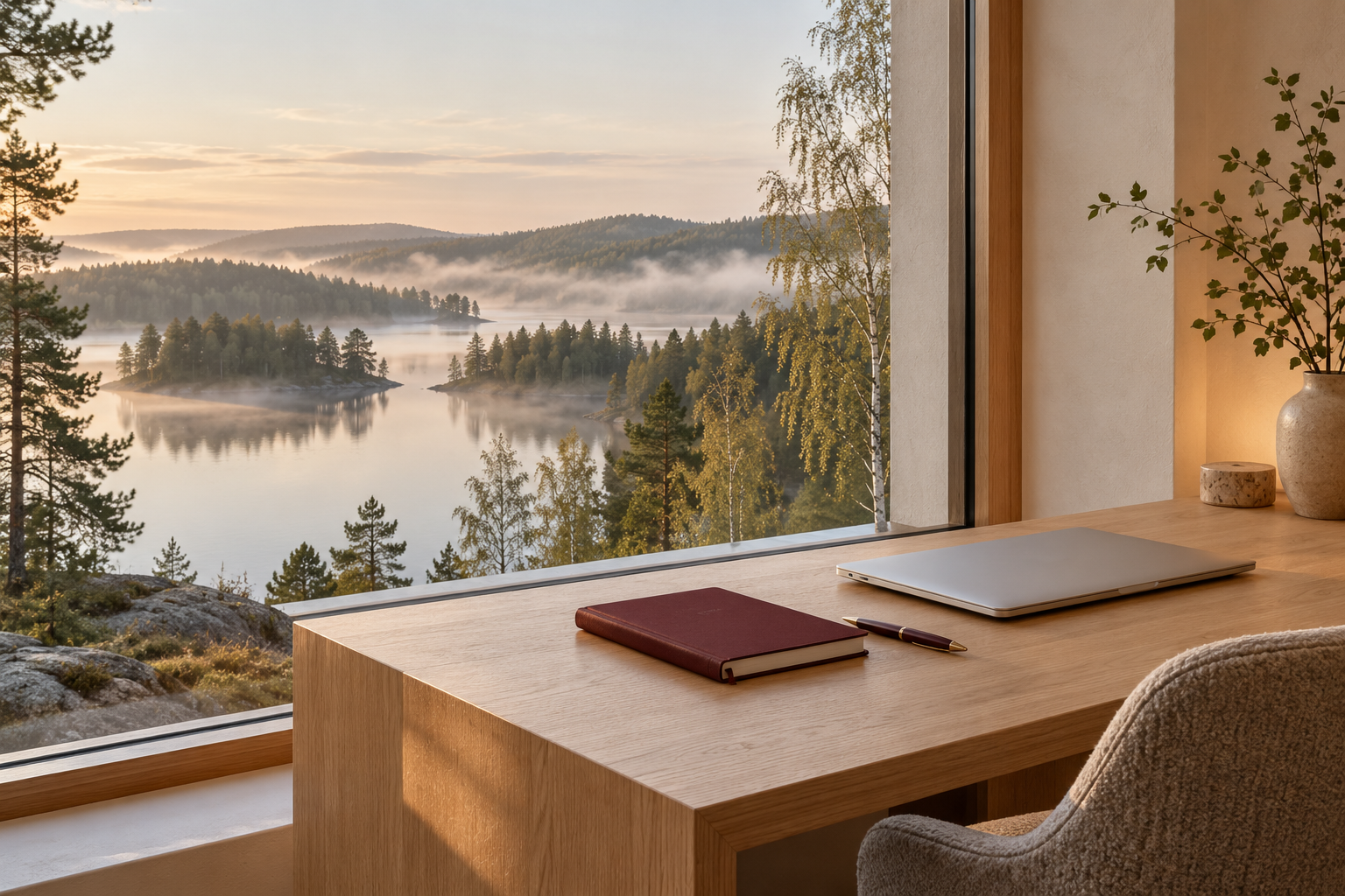 Illustrativer Arbeitsplatz mit Blick auf eine schwedische Seenlandschaft