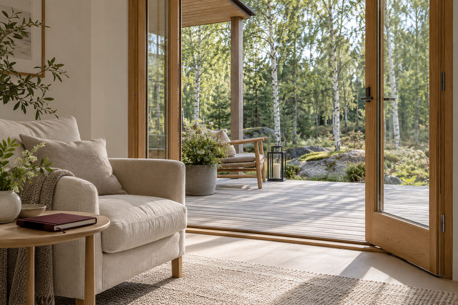 Illustrativer skandinavischer Innenraum mit Blick auf Birkenwald